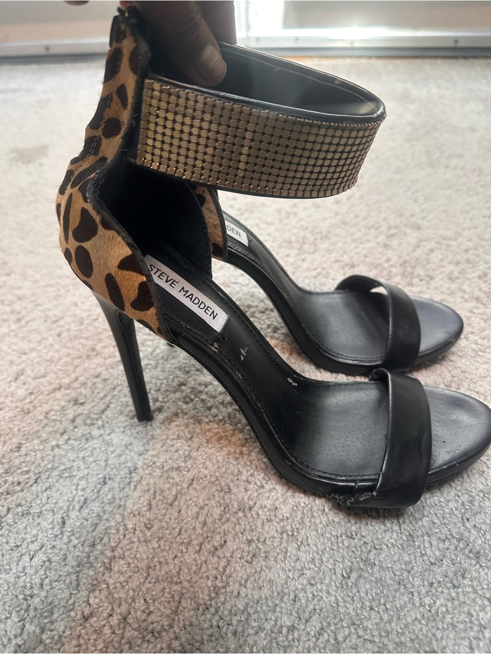 Steve Madden Black Ankle-Strap Heels with Pony Hair Leopard Accent